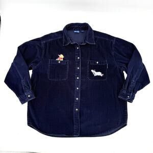Disney Winnie Pooh & Friends Navy Corduroy Button Up Long Sleeve Shirt XL VTG